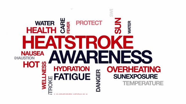 Heatstroke awareness concept Animated Tag Word Cloud kinetic typography, Text Design Animation typography seamless loop video motion graphics Intro Wordart tagcloud red grey type on white background b