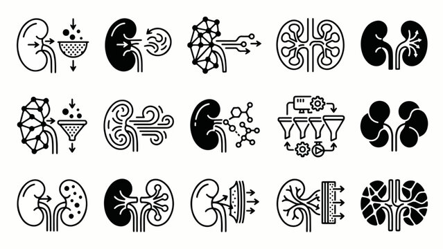 Kidney Filtration and Renal Function Icon Set Black and White Outline and Solid Silhouette Collection Showing Blood Filtration, Nephron, Molecule Processing, and Dialysis Medical Illustration