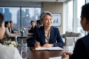 Fototapeta premium Smiling senior asian businesswoman leading corporate office meeting