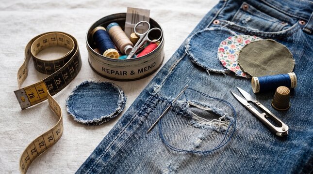 Mending and Repairing Blue Denim Jeans with Sewing Tools and Patches