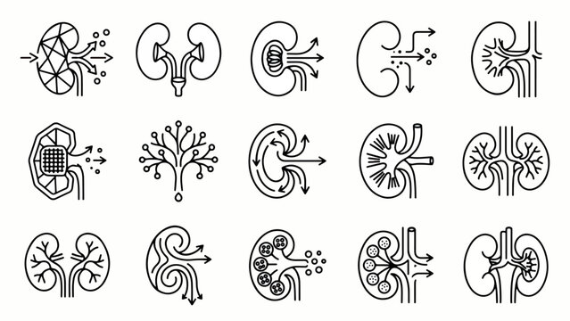 Kidney Anatomy and Function Line Icon Set, Black and White Outline Collection Showing Renal Filtration, Nephron, Blood Flow, Glomerulus, and Urinary System Medical Illustration