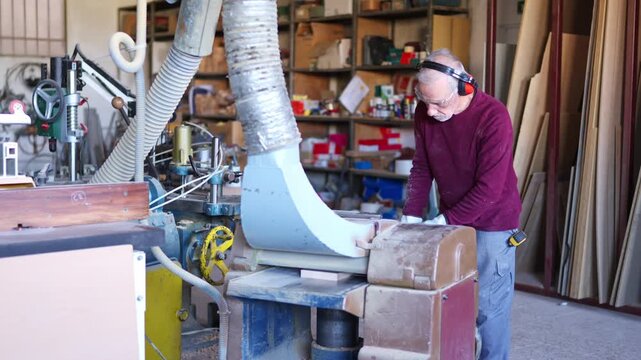 Senior carpenter sanding wooden parts with machinery