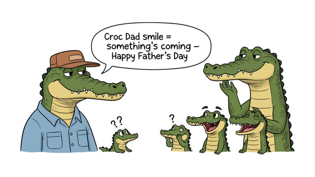 Croc Family's Father's Day: A whimsical illustration depicts a crocodile family, with the father figure hinting at a special surprise for Father's Day, creating a heartwarming scene.