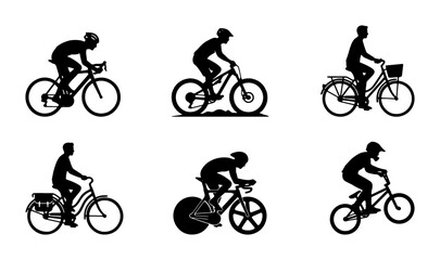 Fototapeta premium Diverse Cyclist Silhouettes Set: Road, Mountain, BMX, Touring, and Track Biking Vector Icons for Sports and Lifestyle Graphics