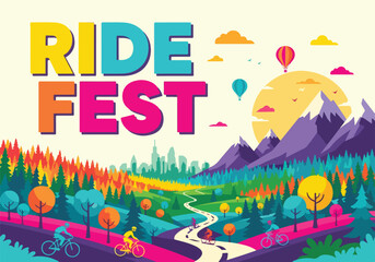 Fototapeta premium Vibrant cycling festival landscape with colorful hot air balloons and mountain scenery