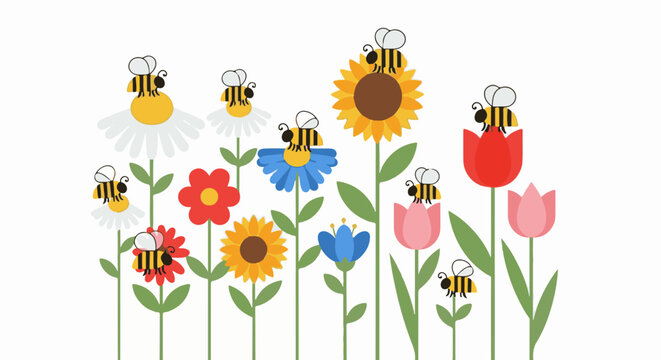 Cute cartoon bees buzzing among colorful flowers on a white background