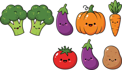 Fototapeta premium Cute Cartoon Vegetable Character Collection with Smiling Organic Food Mascots for Healthy Eating, Vegan Lifestyle, and Kids Educational Design Projects