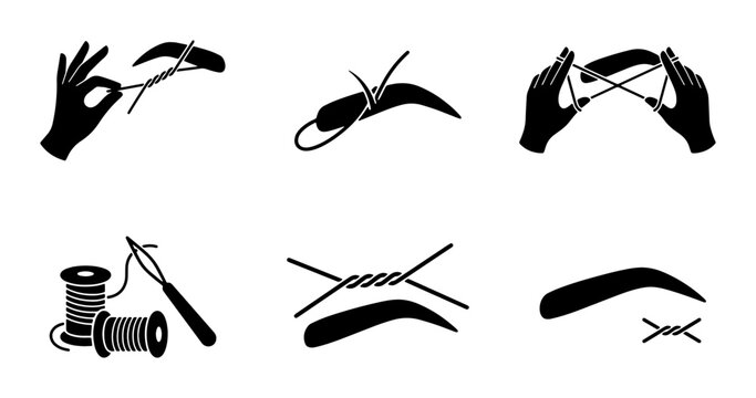 Eyebrow Shaping Icons: Threading Technique Steps, Tweezing, and Styling Guide, Vector Graphics for Beauty and Cosmetics