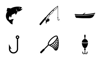 Fishing Icons Set: Jumping Fish, Rod, Boat, Hook, Net, Bobber, Vector Graphics for Outdoor Recreation and Sport © MdShakil