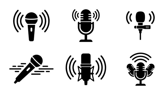 Microphone Icon Set, Audio Recording Symbols, Podcast Equipment Graphics, Broadcast Studio Gear Vector Collection