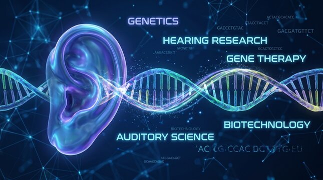 Genetic Hearing Loss as an ear with a DNA double helix symbol representing genetics and Auditory science or audiology as losing the ability to hear due to gene disorder.