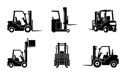 Forklift Icons Set, Industrial Vehicle Silhouettes, Warehouse Equipment Vector Graphics, Logistics Machinery Collection © MdShakil