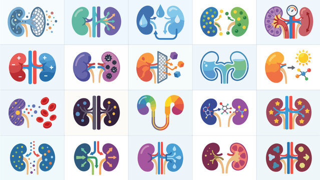 Kidney Function and Disease Icon Set, Colorful Flat Illustration Collection Showing Filtration, Blood Pressure, Electrolyte Balance, Nephron, Vitamin D Activation, and Renal Health Medical Infographic