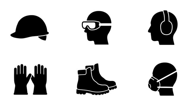 Personal Protective Equipment Icons, Safety Gear Symbols, Hard Hat, Goggles, Ear Defenders, Gloves, Boots, Mask, Workplace Safety Vector Set