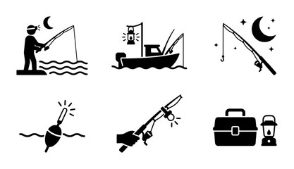Fishing Icons Set, Night Angling Vector Graphics, Boat, Tackle Box, Rod, Bobber, Moon, Stars, Silhouette Collection © Raihan