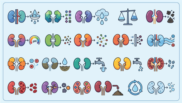 Kidney Function Icons Set, Colorful Flat Illustration Collection Showing Filtration, pH Balance, Electrolyte Regulation, Urine Production, Waste Removal, and Blood Cell Production Medical Infographic