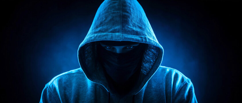 Mysterious person wearing a dark hooded sweatshirt and face mask looking directly at the camera with intense blue lighting effects