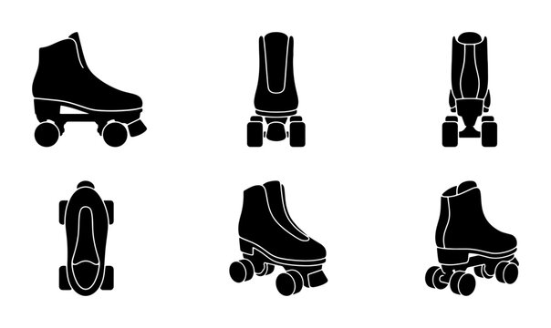 Retro Quad Roller Skates, Vintage Style Footwear, Classic Skate Shoes Set, Black Silhouette Icons for Sports and Recreation