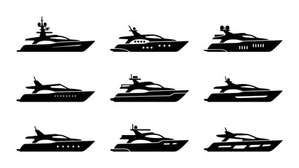 Luxury Yacht Silhouettes Collection, Set of 9 Modern Motorboat Icons, Sleek Black Vessels for Nautical and Marine Themes © Rabiul