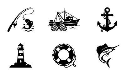 Nautical Icons Set: Fishing Rod, Boat, Anchor, Lighthouse, Lifebuoy, Marlin, Marine Vector Graphics for Maritime Themes © Nadiya