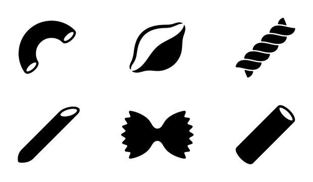 Diverse Pasta Shapes Vector Icons, Italian Food Ingredients Collection, Culinary Elements Set, Black and White Graphic Symbols