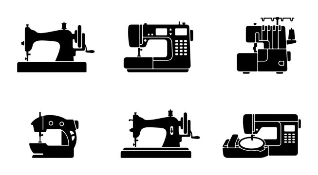 Diverse Sewing Machine Icons, Vintage and Modern Styles, Vector Set for Crafting and Fashion Design
