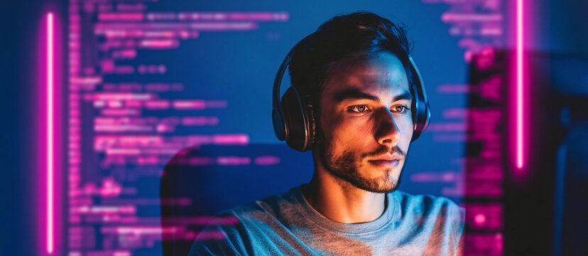 Focused young software developer wearing headphones while writing complex computer code on a digital screen during a late night session