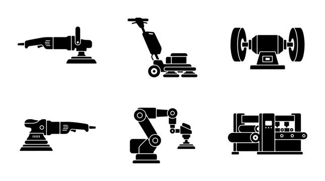 Industrial Machinery Icons: Polisher, Floor Buffer, Grinder, Robotic Arm, Manufacturing Machine, Vector Set