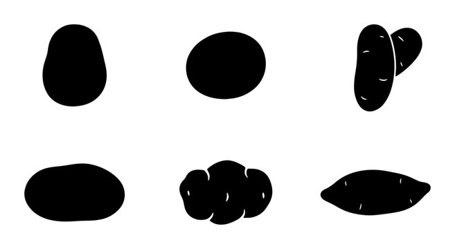 Six Black Potato Silhouettes, Vector Icons for Food and Agriculture Graphics, Simple Root Vegetable Shapes for Healthy Eating and Farming Concepts