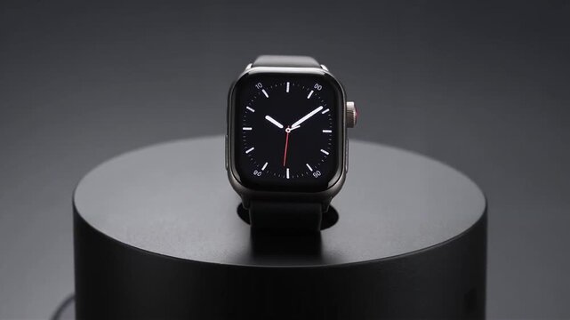 Three identical black round pedestal stands each displaying a modern square watch with black face.