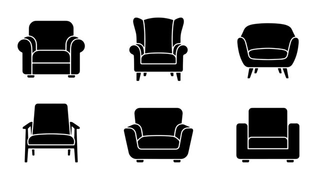Set of 6 Black Armchairs, Classic Furniture Icons, Modern Sofa Silhouettes, Upholstered Chair Vector Graphics for Interior Design and Decor