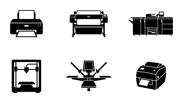 Printing Technology Icons: 6 Vector Graphics of Modern Printing Machines, Including 3D Printer, Screen Printer, and Large Format Printer for Digital and Offset Printing Concepts