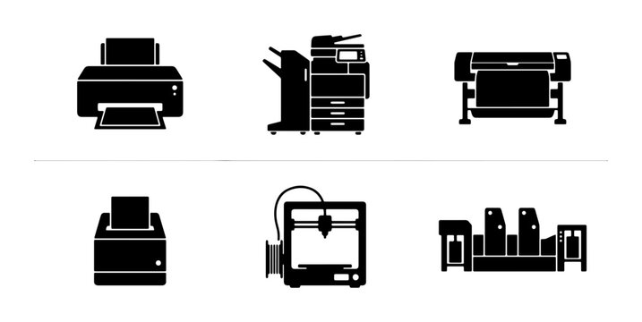 Printing Technology Icons Set: Printer, Copier, Plotter, 3D Printer, Offset Press, Digital Printer for Graphic Design and Business