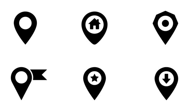 Set of 6 Black Location Pin Icons, Map Marker Symbols, Navigation Pointers, Geo Tag Graphics, Place Finder Elements, GPS Coordinates Icons