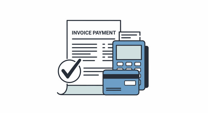 Illustration of an invoice payment with a credit card and payment terminal, signifying successful transaction.