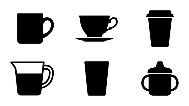 Six Black Silhouette Drinkware Icons: Coffee Mug, Teacup, To-Go Cup, Measuring Jug, Glass, Sippy Cup. Versatile beverage container vector set for cafe, kitchen, or baby product design.