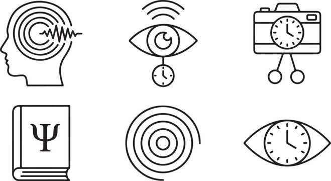 Set of psychology and mental awareness line icons representing human mind perception and time