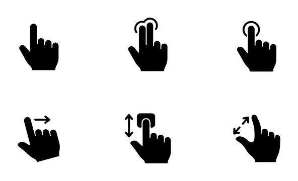 Hand Gestures Vector Icons Set: Tap, Swipe, Pinch, Zoom, Scroll, Multi-touch Actions for UI Design and Digital Interfaces