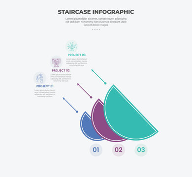 staircase ladder concept infographic outline style with 3 point template with half circle cut decrease size with arrow line pointer for slide presentation