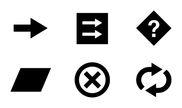 Black Vector Icons Set: Arrows, Question Mark, Parallelogram, Cross, Refresh Symbols for UI and Web Design