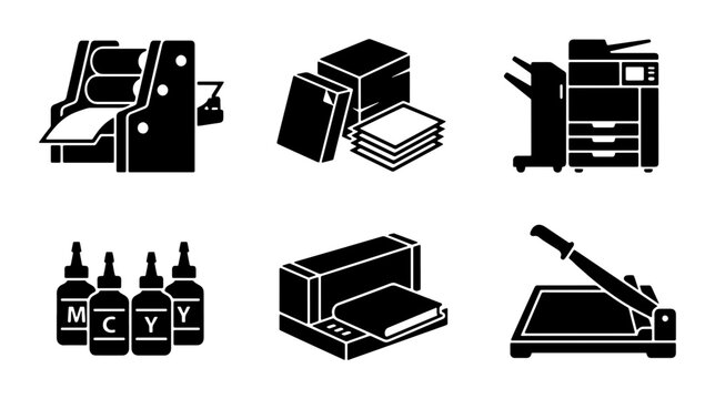 Printing Press Icons, Offset Machine, Copy Machine, Ink Bottles, Paper Stacks, Guillotine Cutter, Commercial Printing Equipment Vector Set
