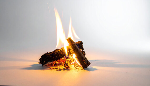 Close up of burning logs with intense orange flames and scattered glowing embers