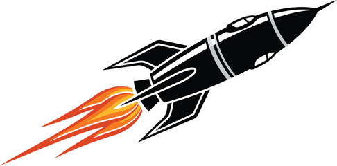 Rocket ship silhouette with flames black and orange vector illustration © Anik