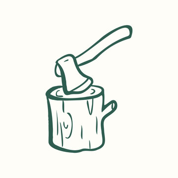 Hand drawn axe in wood log in doodle outline style. Minimal camping tool illustration for outdoor and survival design.