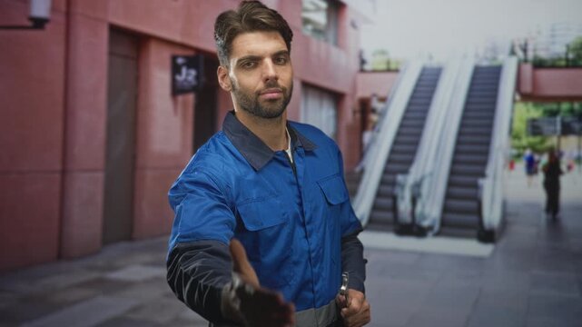 Man in blue work overalls extends right hand offering handshake while holding wrench near escalator in a building entrance; helpfulness service.