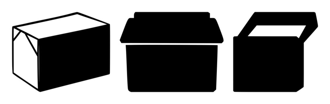 Subscription box set with solid black icon featuring delivery, package, shipping with cardboard and order