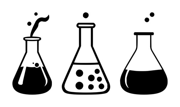 Lab Beaker Icon set with solid black beaker on white background featuring chemistry, laboratory, scientific illustration with vector and line art