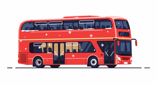Red double-decker bus with snowflakes, on a white background