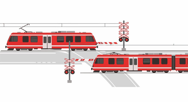 Red trains at a railway crossing with lowered barriers