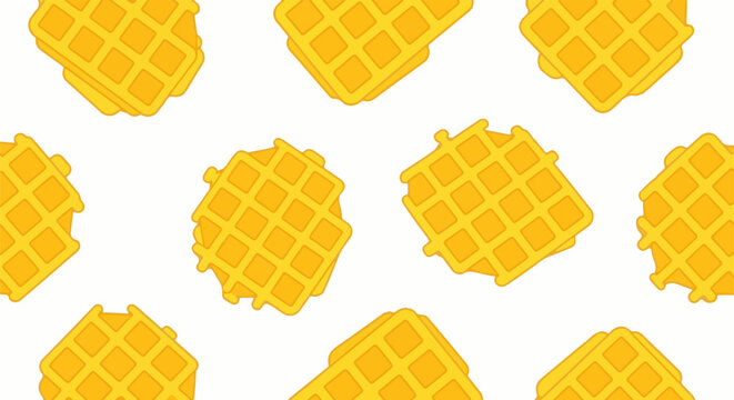 Repeating pattern of golden, square-gridded waffles on a white background